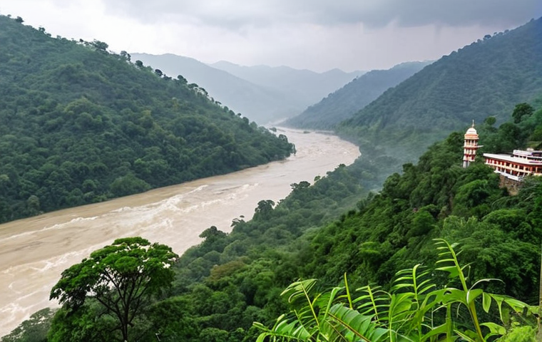 **

A scenic view of Rishikesh during the monsoon season. Rolling green hills with mist hanging low, a river flowing through the valley. In the distance, a glimpse of a spa resort nestled among the trees. Focus on the peaceful and budget-friendly aspect of traveling during the off-season.

**