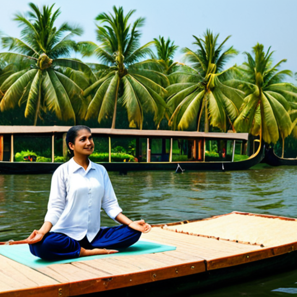 **

"Scenic Kerala backwaters, houseboat gliding gently, lush green palm trees lining the shore, a woman in a modest salwar kameez practicing yoga on the deck, fully clothed, professional photography, perfect anatomy, natural proportions, safe for work, appropriate content, family-friendly, high quality."

**