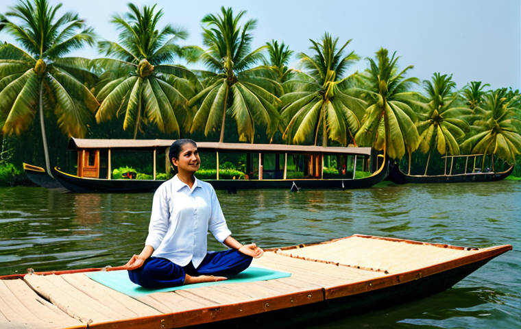 **

"Scenic Kerala backwaters, houseboat gliding gently, lush green palm trees lining the shore, a woman in a modest salwar kameez practicing yoga on the deck, fully clothed, professional photography, perfect anatomy, natural proportions, safe for work, appropriate content, family-friendly, high quality."

**