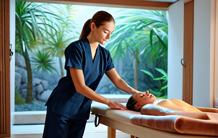 온천 스파 프로그램 - **

A woman receiving a deep tissue massage in a serene spa environment, fully clothed in appropriat...