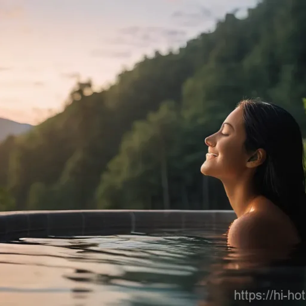 온천과 체온 조절 - **Prompt:** "A person (wearing a modest, comfortable swimsuit) is deeply immersed in a natural, stea...