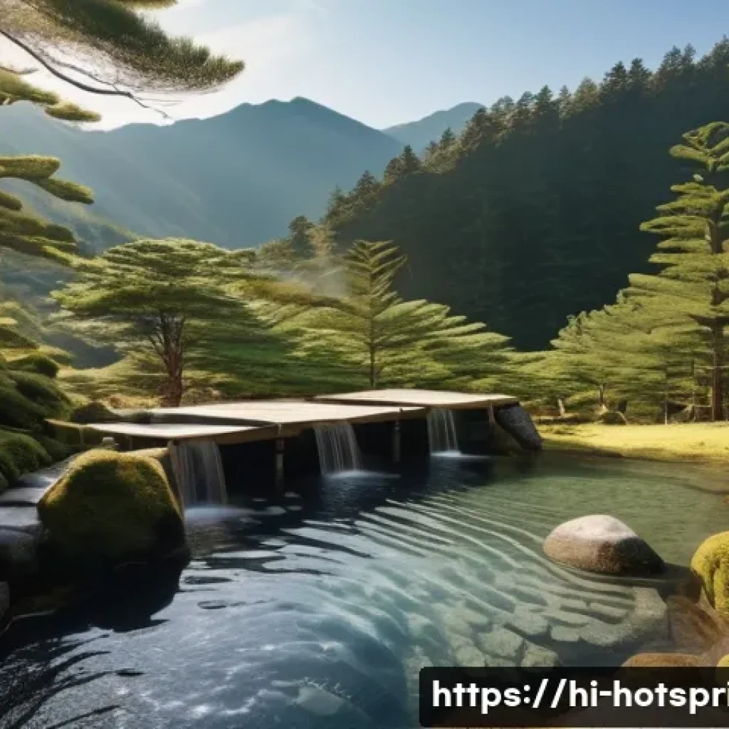 온천 여행지 일본 - A serene mountain onsen scene in Nagano Prefecture, Japan, featuring a natural hot spring pool surro...