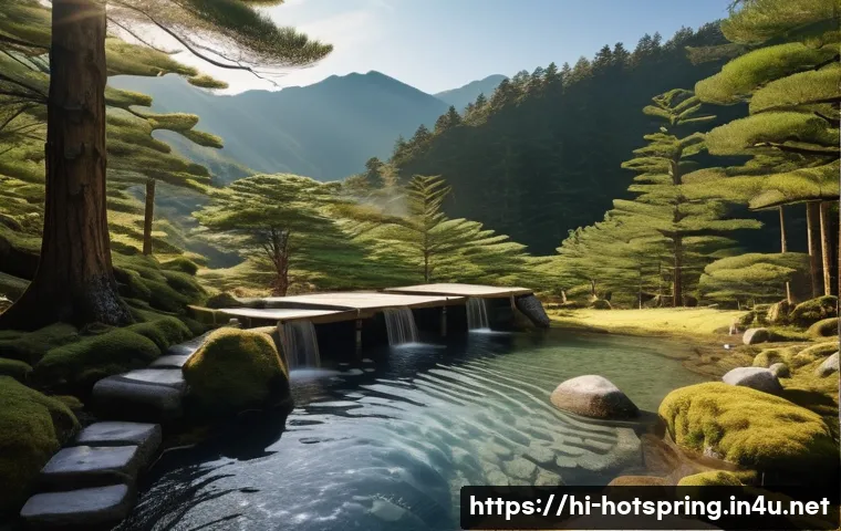 온천 여행지 일본 - A serene mountain onsen scene in Nagano Prefecture, Japan, featuring a natural hot spring pool surro...
