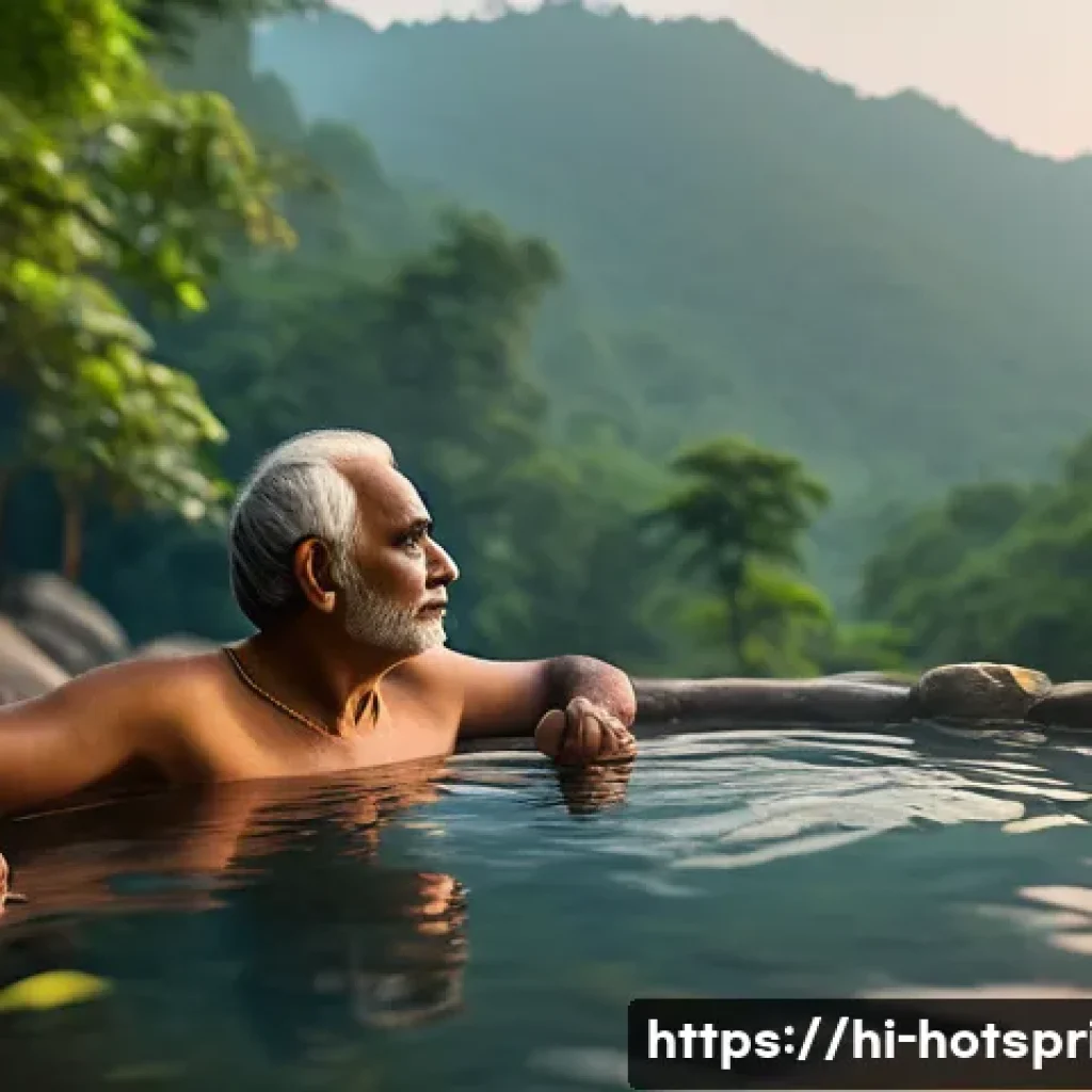 온천과 수면 패턴 - A serene outdoor hot spring scene at dusk, surrounded by lush green forest typical of Indian Himalay...