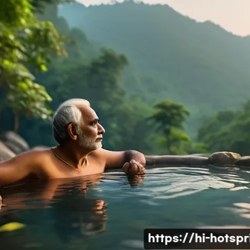 Home 31 온천과 수면 패턴 - A serene outdoor hot spring scene at dusk, surrounded by lush green forest typical of Indian Himalay...