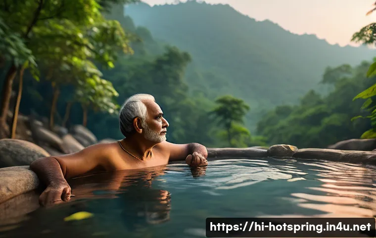 온천과 수면 패턴 - A serene outdoor hot spring scene at dusk, surrounded by lush green forest typical of Indian Himalay...