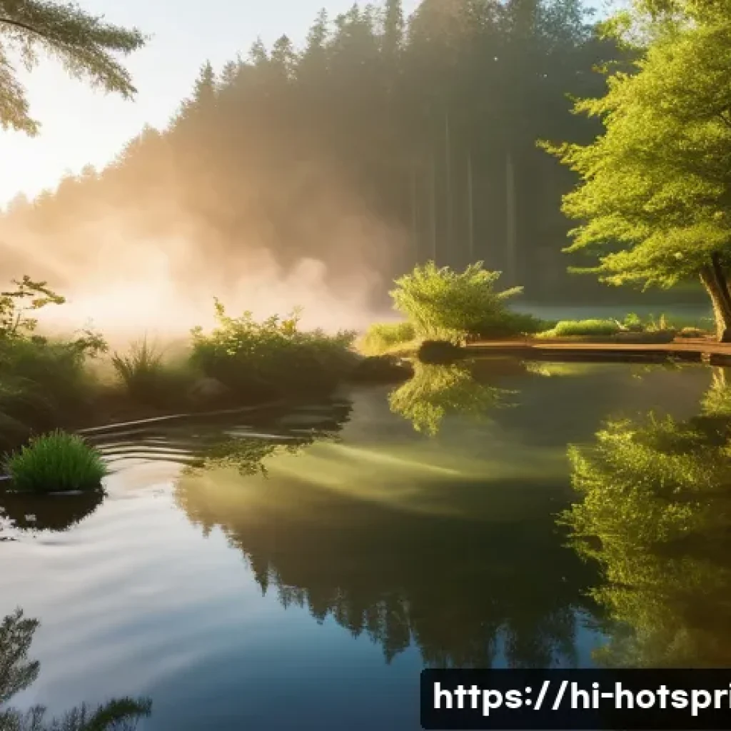 온천에서의 사진 촬영 팁 - A serene outdoor hot spring scene during the golden hour, featuring soft natural sunlight illuminati...