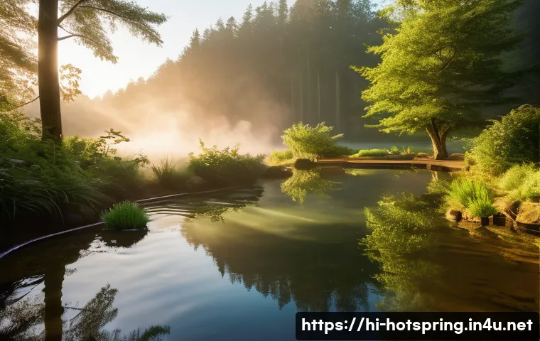온천에서의 사진 촬영 팁 - A serene outdoor hot spring scene during the golden hour, featuring soft natural sunlight illuminati...