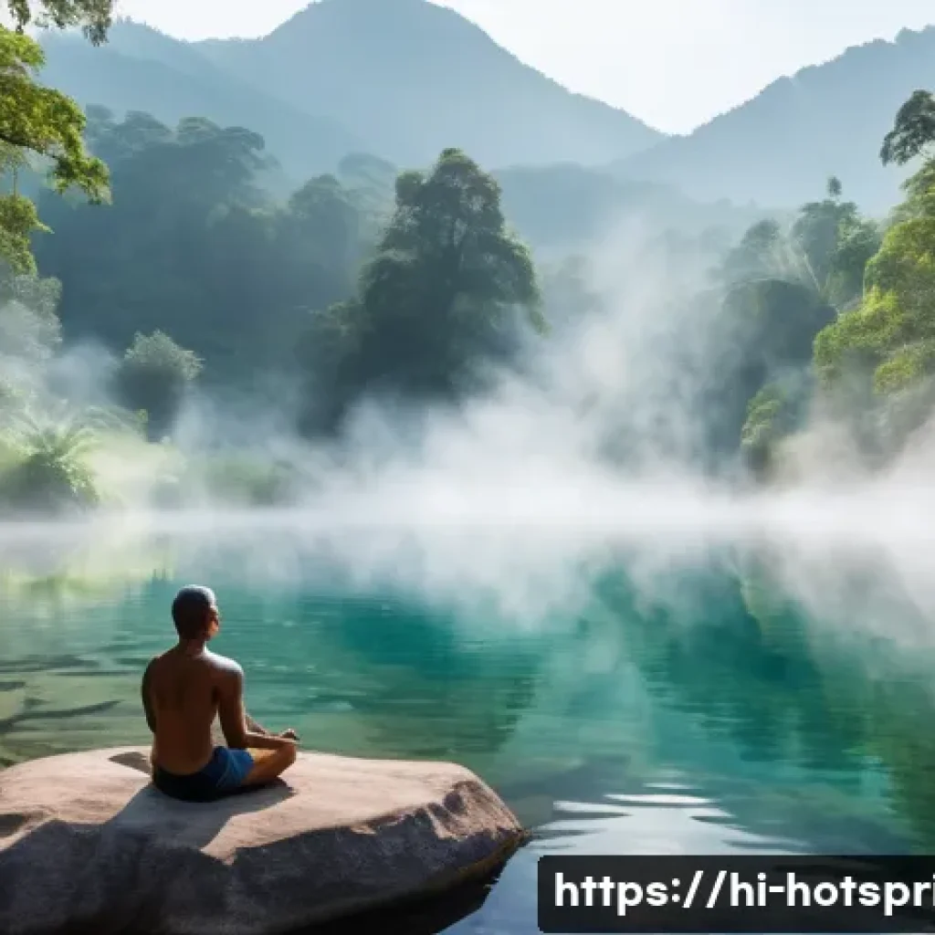 온천 스파 경험 - A serene natural hot spring surrounded by lush green forest and misty mountains during early morning...