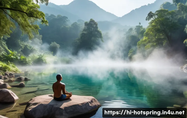 온천 스파 경험 - A serene natural hot spring surrounded by lush green forest and misty mountains during early morning...