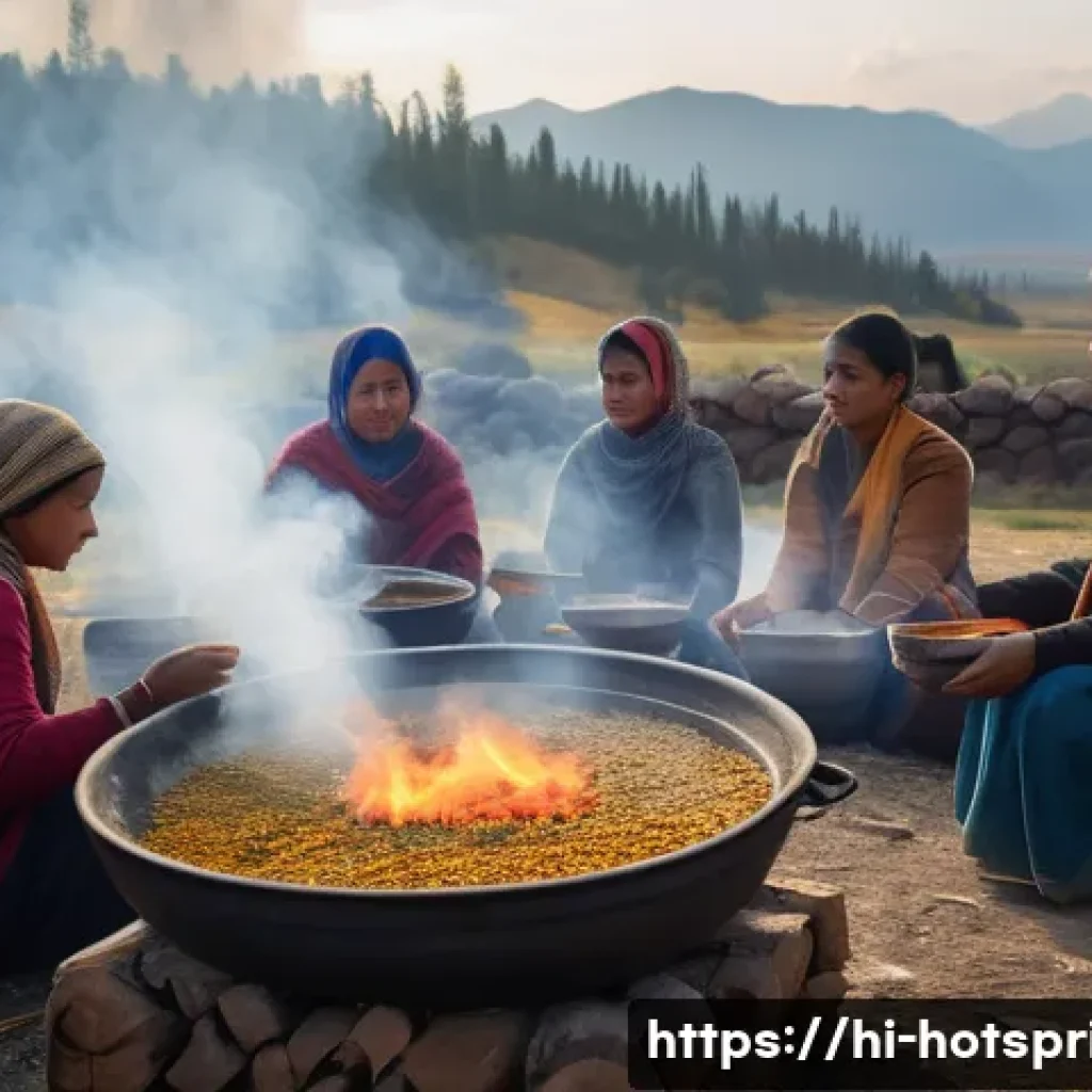 핫스프링에서 먹는 전통 음식 - A rustic outdoor scene depicting traditional Indian cooking near hot springs: a group of people cook...