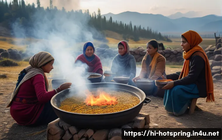 핫스프링에서 먹는 전통 음식 - A rustic outdoor scene depicting traditional Indian cooking near hot springs: a group of people cook...