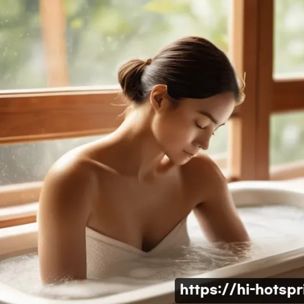 온천 마사지 팁 - A serene bathroom scene featuring a person taking a warm bath in water between 38 to 42 degrees Cels...