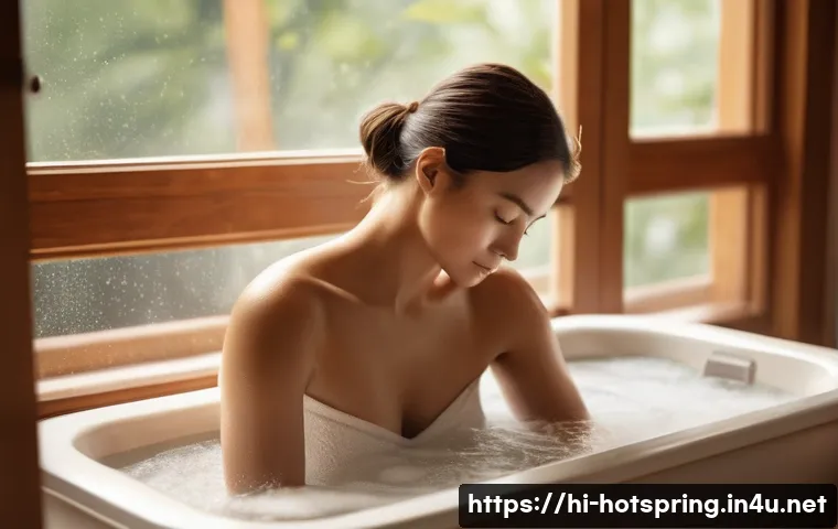 온천 마사지 팁 - A serene bathroom scene featuring a person taking a warm bath in water between 38 to 42 degrees Cels...