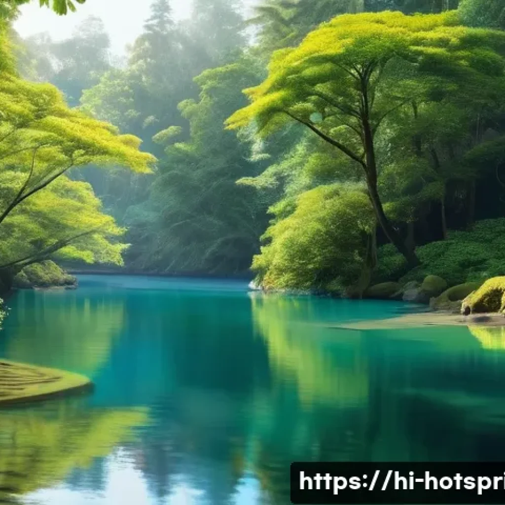온천과 대자연의 조화 - A serene natural hot spring surrounded by lush green forests with tall trees casting dappled shadows...