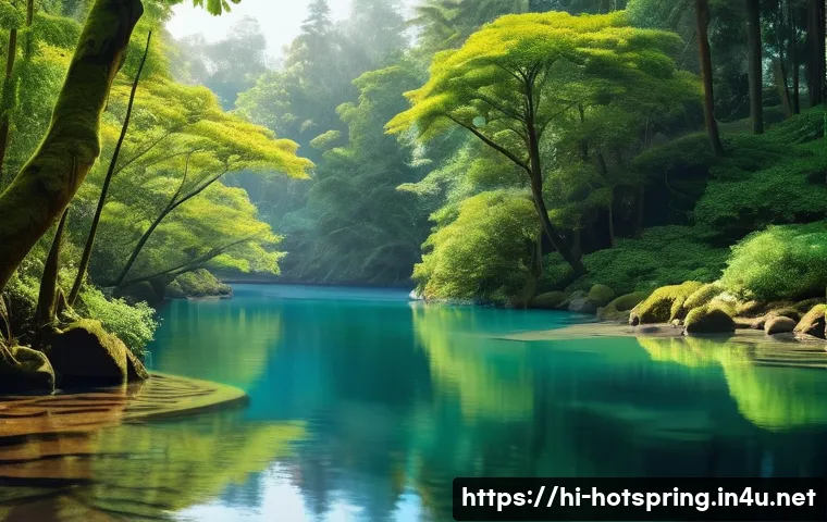 온천과 대자연의 조화 - A serene natural hot spring surrounded by lush green forests with tall trees casting dappled shadows...