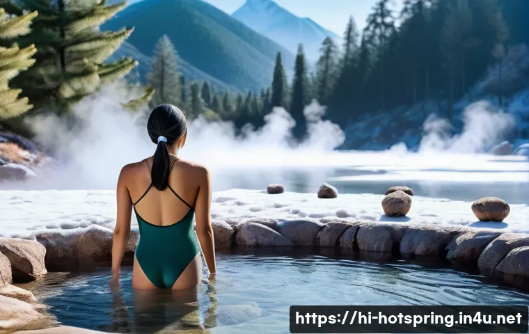 핫스프링 개별 여행 - A serene hot spring nestled in the lush green Himalayan landscape during winter, steam rising gently...
