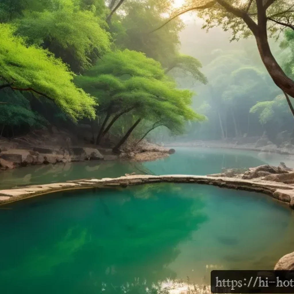 핫스프링에서 즐길 수 있는 체험 - A serene hot spring nestled in a lush, green forest typical of northern India, with steam rising gen...