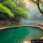 Home 22 핫스프링에서 즐길 수 있는 체험 - A serene hot spring nestled in a lush, green forest typical of northern India, with steam rising gen...