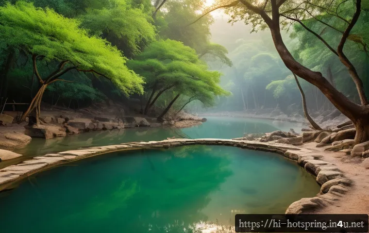 핫스프링에서 즐길 수 있는 체험 - A serene hot spring nestled in a lush, green forest typical of northern India, with steam rising gen...