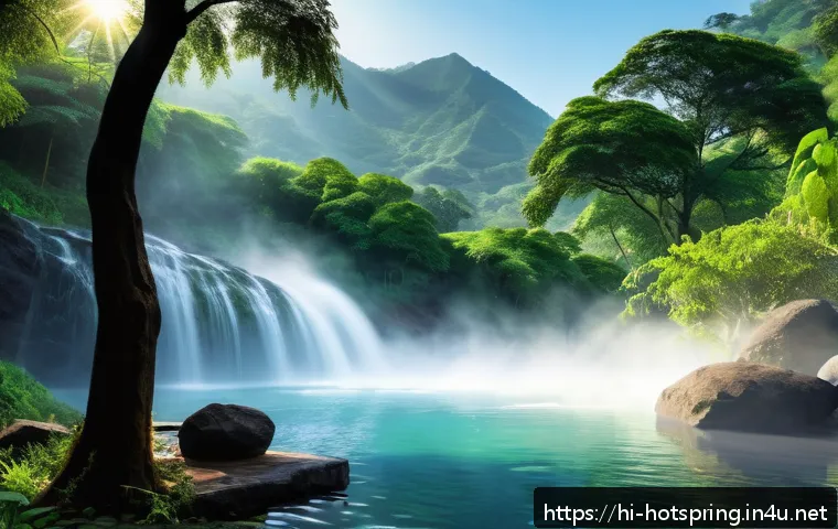 온천 마을 탐방 - A serene Indian onsen village scene in the lush green hills of Sopara, Maharashtra, featuring natura...