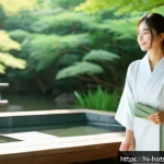Home 20 온천 여행 준비물 - A serene Japanese onsen outdoor scene during summer, featuring a young adult woman wearing a lightwe...