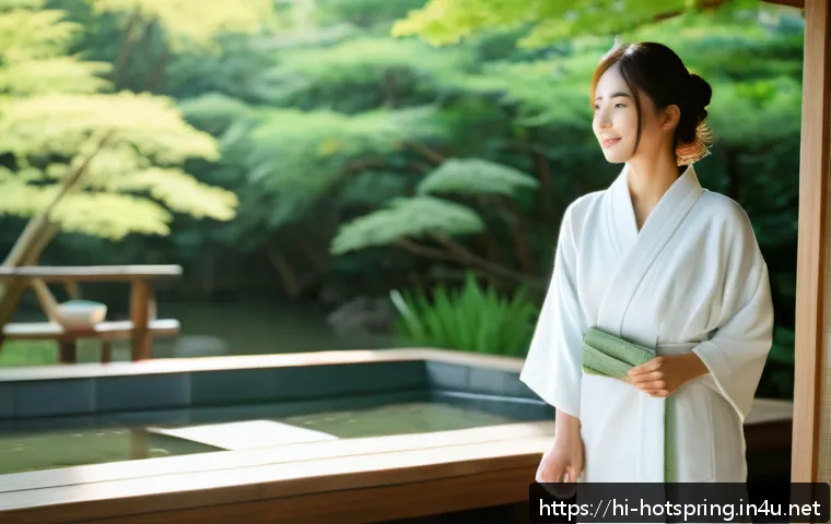 온천 여행 준비물 - A serene Japanese onsen outdoor scene during summer, featuring a young adult woman wearing a lightwe...