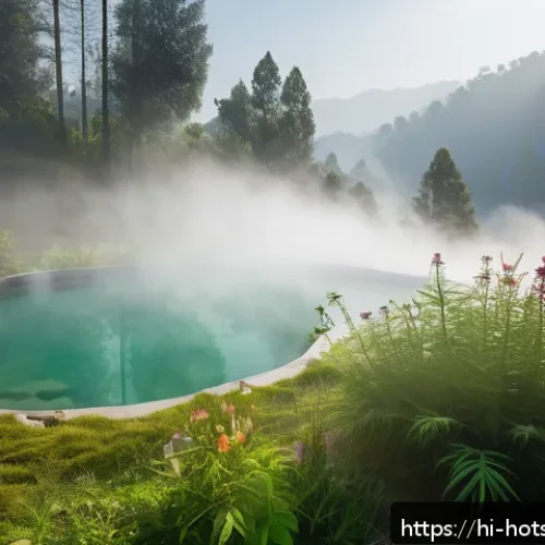 Home 31 온천과 관련된 전통 의식 - A serene natural hot spring nestled in lush green Himalayan foothills during early morning mist, a d...