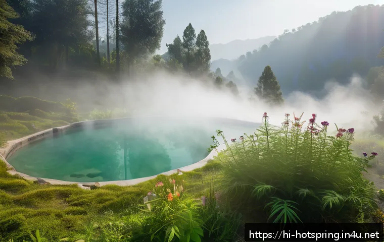 온천과 관련된 전통 의식 - A serene natural hot spring nestled in lush green Himalayan foothills during early morning mist, a d...