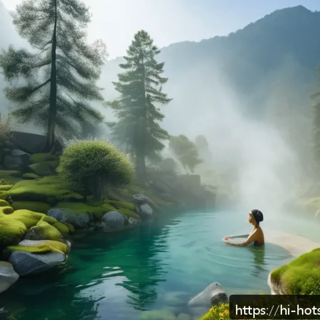 핫스프링 스파 - A serene natural hot spring set in a lush green Himalayan valley during early morning mist, with a p...