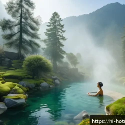 Home 30 핫스프링 스파 - A serene natural hot spring set in a lush green Himalayan valley during early morning mist, with a p...