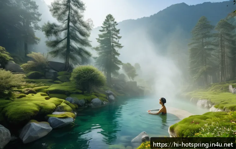핫스프링 스파 - A serene natural hot spring set in a lush green Himalayan valley during early morning mist, with a p...