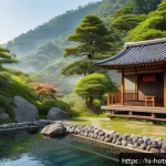 Home 23 온천 여행 필수 정보 - A serene natural onsen scene nestled in lush green mountains under a clear blue sky, with gentle ste...