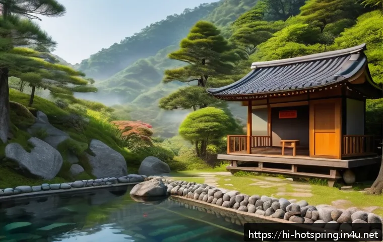온천 여행 필수 정보 - A serene natural onsen scene nestled in lush green mountains under a clear blue sky, with gentle ste...