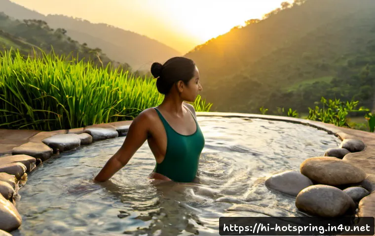 온천과 마사지 - Photorealistic Indian wellness retreat beside a natural hot spring at sunrise, an adult woman relaxi...