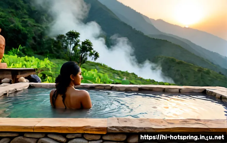 Home 17 온천과 예술 체험 - Photorealistic serene hot spring retreat in the Himalayan foothills, an Indian adult woman in a mode...