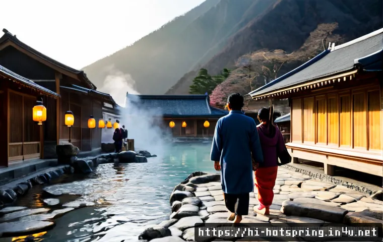 Home 17 온천 마을 투어 - Photorealistic travel scene of a peaceful Japanese hot spring village at sunrise, a Hindi-speaking I...